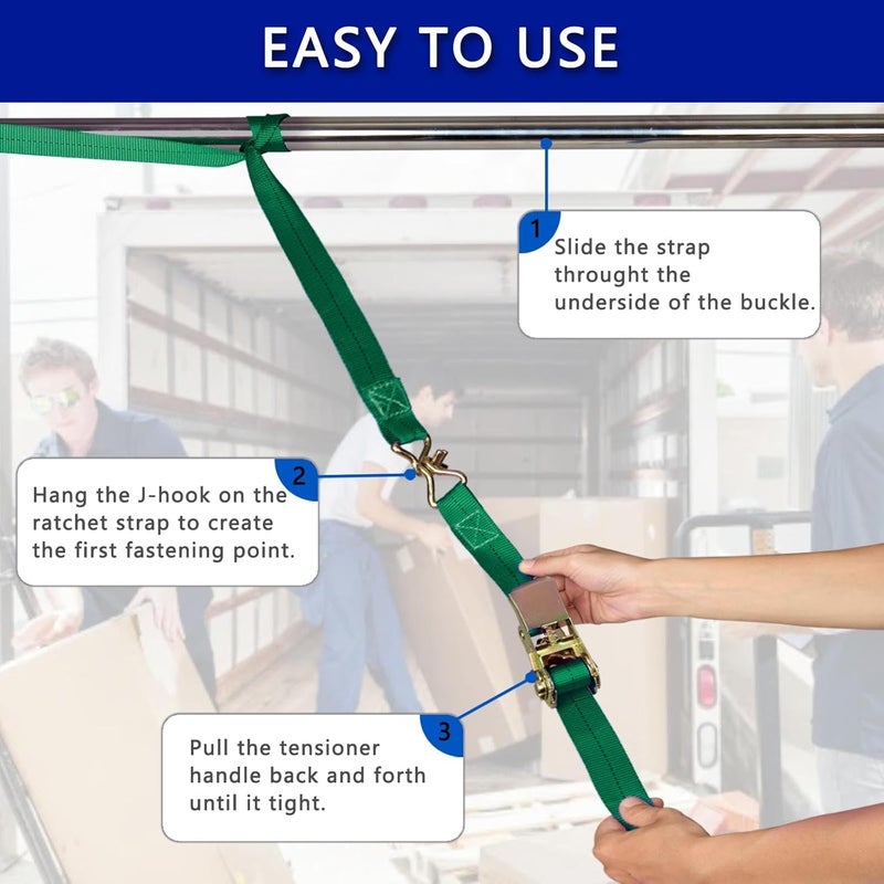 Sweecomb Ratchet Straps (4-Pack), 1 Inch x 16.4 Feet (2200lb Break Strength) with Sturdy Metal Hooks, 1x Work Gloves, Heavy Duty Tie Down Straps for Truck, Cargo Trailer, Motorcycle, Luggage, Moving (Green) - Image 5
